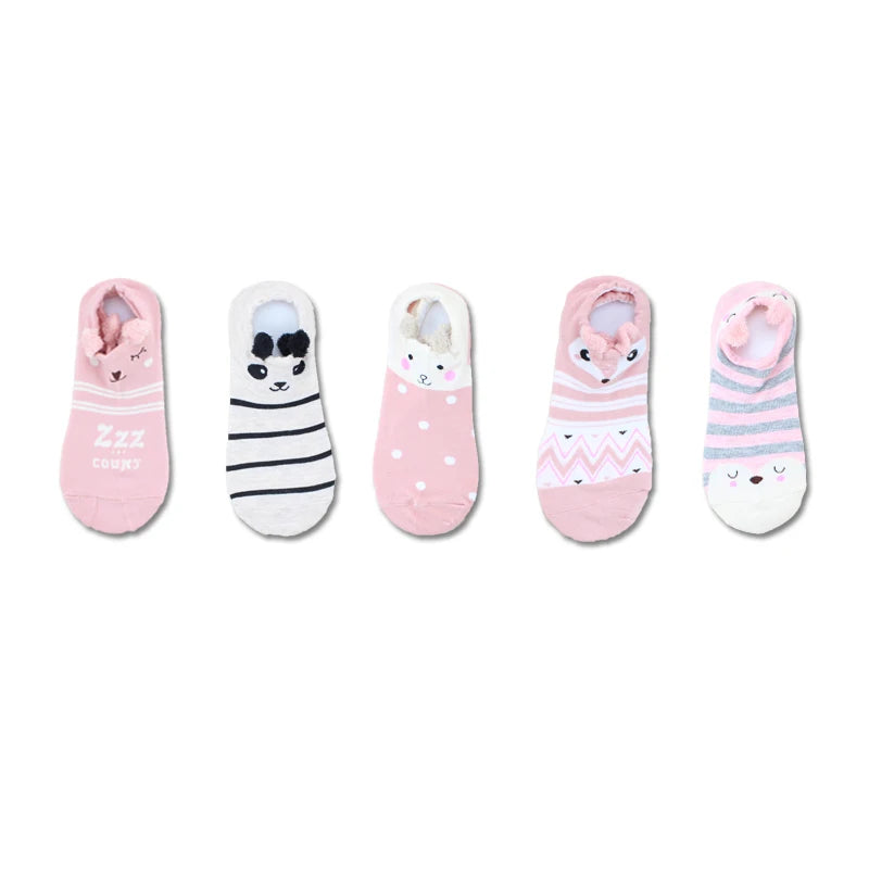 SP&CITY 5Pairs Cute Animal Cotton Socks Female Kawaii Cat with Dog Summer Short Sock Slippers Women Casual Soft Funny Boat Socks