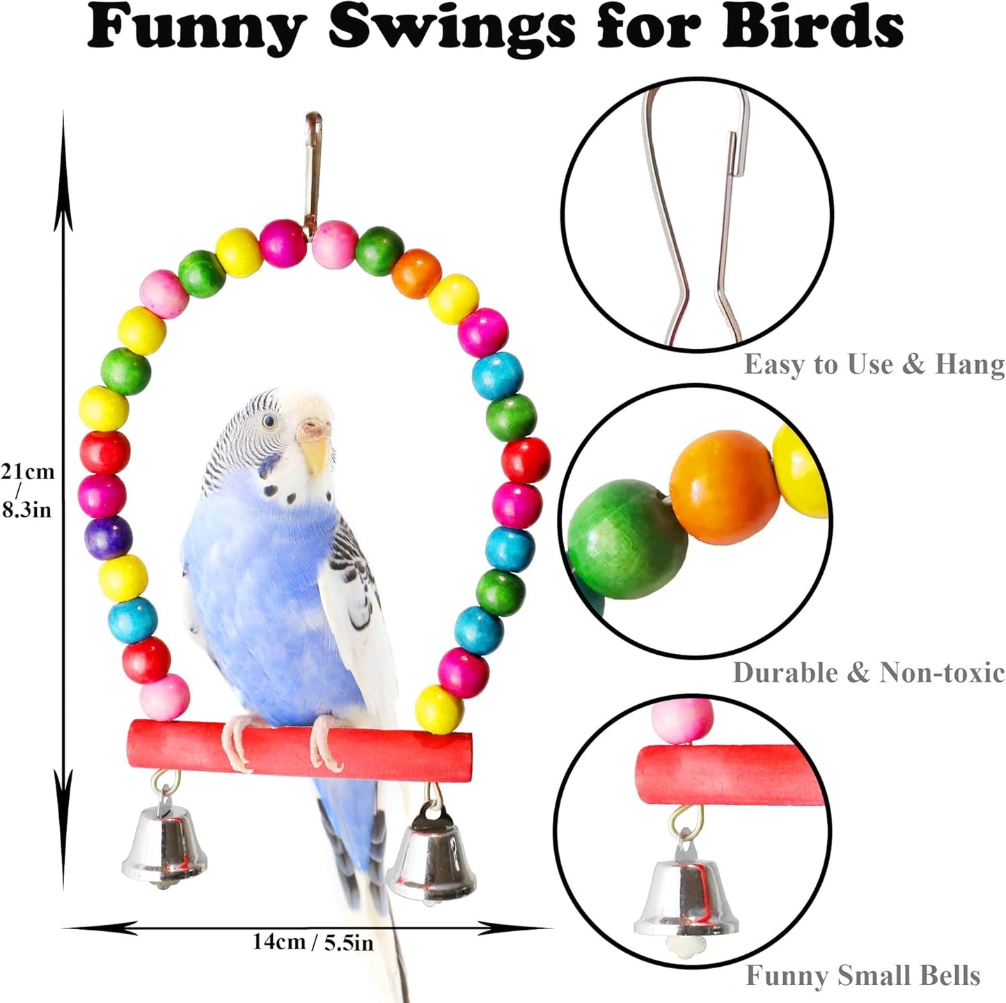 8 Pcs Parakeet Cockatiel Bird Toys, Hanging Bell Pet Bird Cage Hammock Swing Toy Wooden Perch Chewing Toy for Budgerigar, Conures, Love Birds, Finches, Mynah