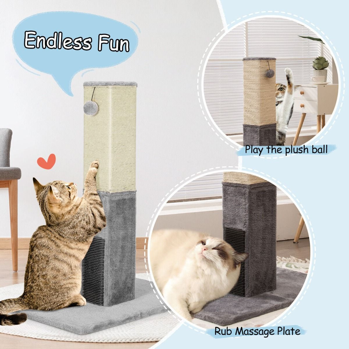 79Cm Tall Cat Scratching Post with Balls Massage Brush and Carpet Base