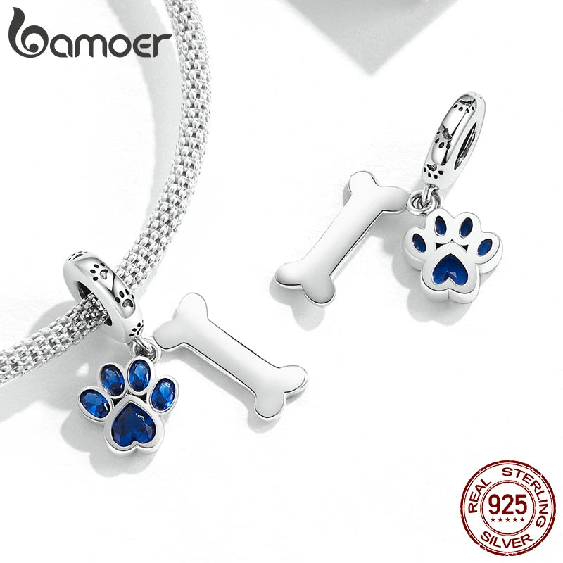 925 Sterling Silver Dog Paw & Bone Pendant Fit for DIY Making Bracelet or Bangle Blue Zirconium Paw Charms Fine Jewelry