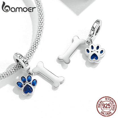 925 Sterling Silver Dog Paw & Bone Pendant Fit for DIY Making Bracelet or Bangle Blue Zirconium Paw Charms Fine Jewelry