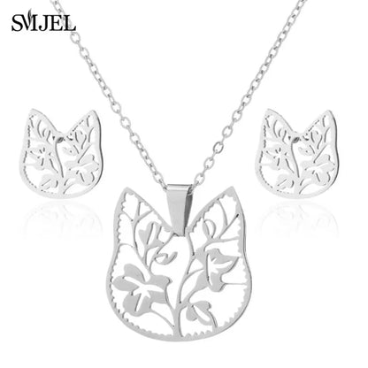 Lovely Gold Color Kitten Cat Stainless Steel Jewelry Set Necklaces Girl Collares Fashion Hollow Cat Earring Necklace Paw Jewelry