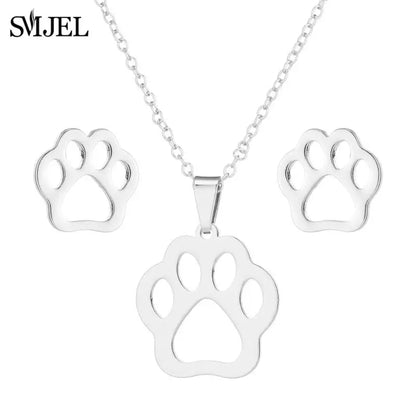 Lovely Gold Color Kitten Cat Stainless Steel Jewelry Set Necklaces Girl Collares Fashion Hollow Cat Earring Necklace Paw Jewelry