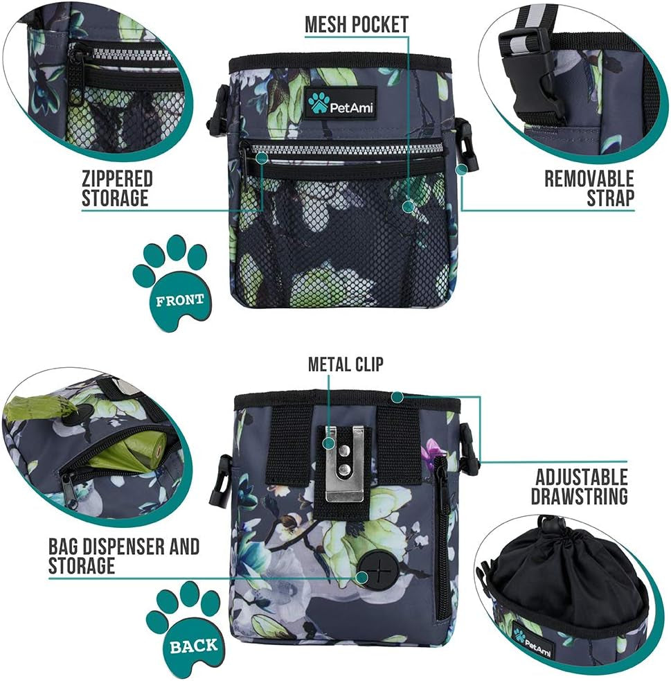 Dog Treat Pouch, Pet Treat Pouch for Training, Dog Walking Bag Holder for Kibbles, Pet Food Toy, Dog Trainer Essentials Supplies, Poop Bag Dispenser, 3 Ways to Wear (Floral Grey)