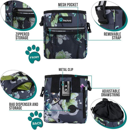 Dog Treat Pouch, Pet Treat Pouch for Training, Dog Walking Bag Holder for Kibbles, Pet Food Toy, Dog Trainer Essentials Supplies, Poop Bag Dispenser, 3 Ways to Wear (Floral Grey)