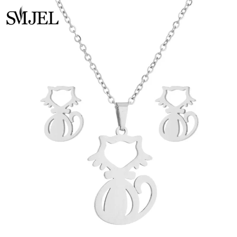 Lovely Gold Color Kitten Cat Stainless Steel Jewelry Set Necklaces Girl Collares Fashion Hollow Cat Earring Necklace Paw Jewelry