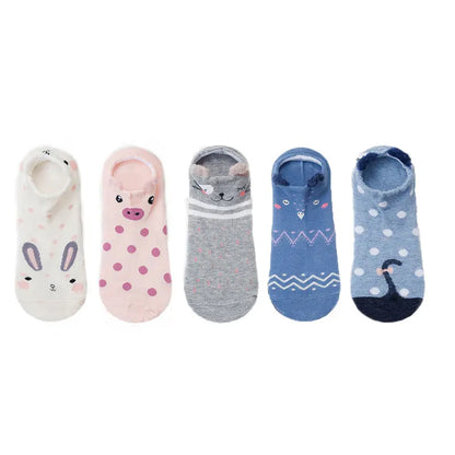 SP&CITY 5Pairs Cute Animal Cotton Socks Female Kawaii Cat with Dog Summer Short Sock Slippers Women Casual Soft Funny Boat Socks