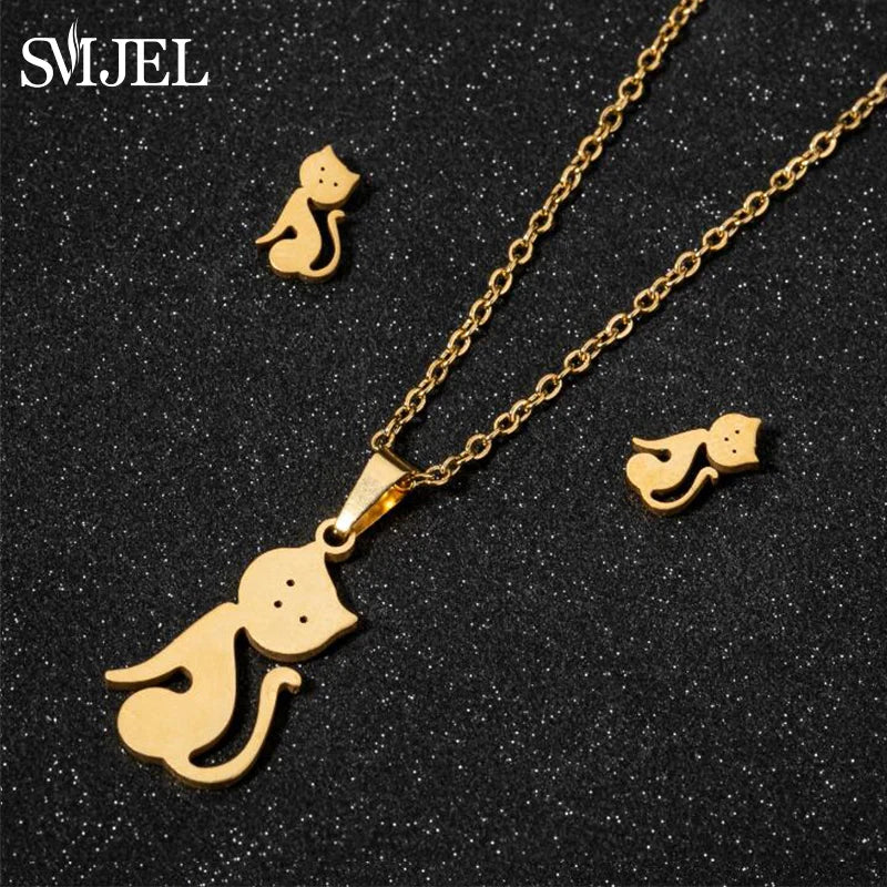 Lovely Gold Color Kitten Cat Stainless Steel Jewelry Set Necklaces Girl Collares Fashion Hollow Cat Earring Necklace Paw Jewelry