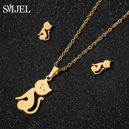 Lovely Gold Color Kitten Cat Stainless Steel Jewelry Set Necklaces Girl Collares Fashion Hollow Cat Earring Necklace Paw Jewelry