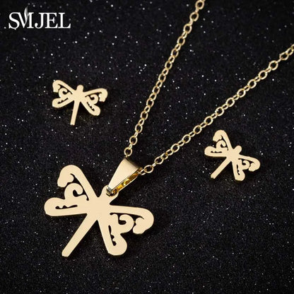 Lovely Gold Color Kitten Cat Stainless Steel Jewelry Set Necklaces Girl Collares Fashion Hollow Cat Earring Necklace Paw Jewelry