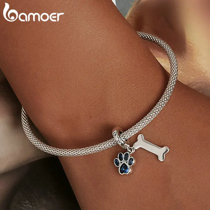 925 Sterling Silver Dog Paw & Bone Pendant Fit for DIY Making Bracelet or Bangle Blue Zirconium Paw Charms Fine Jewelry